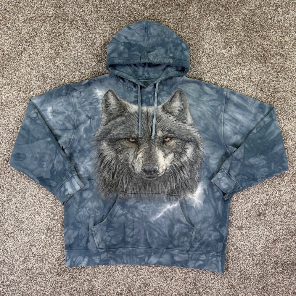 The Mountain Wolf Face Tie Dye Hoodie Mens Large Gray Graphic Sweatshirt